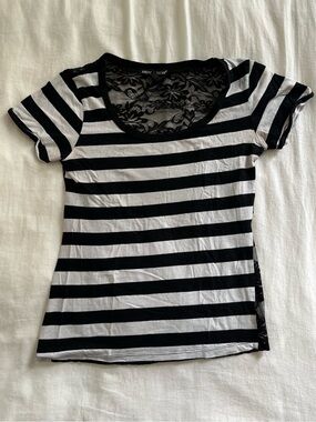 American Dream Black & White Striped Lace-Back Short Sleeve Tee